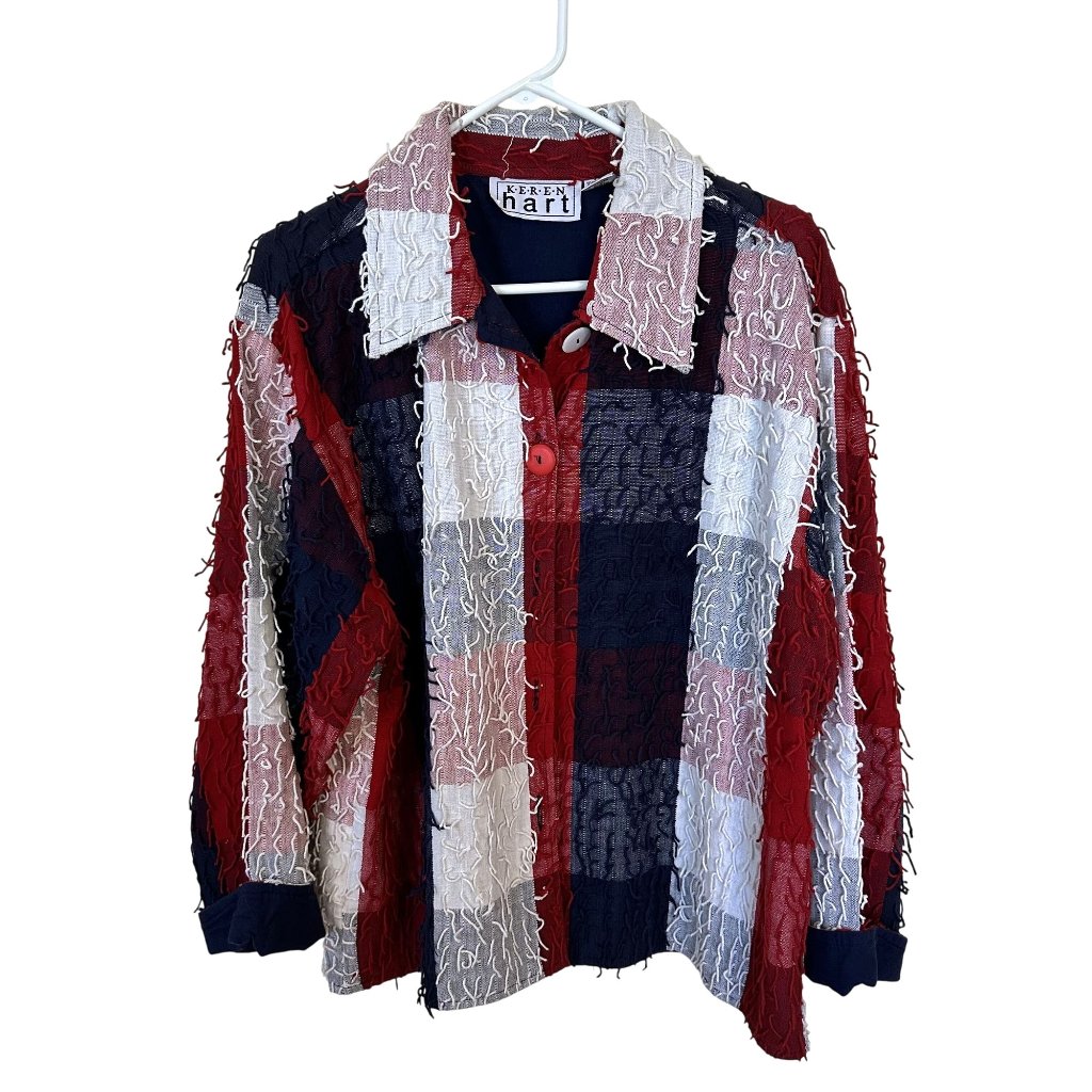 Keren Hart Red Navy White Textured Patchwork Button-Down Shirt